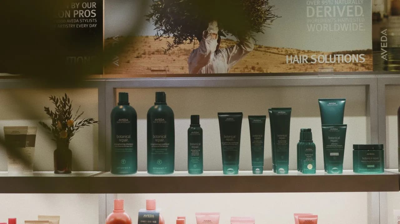 Six rituals, included with every service — AVEDA products on the salon shelf, RARIEN Myeongdong