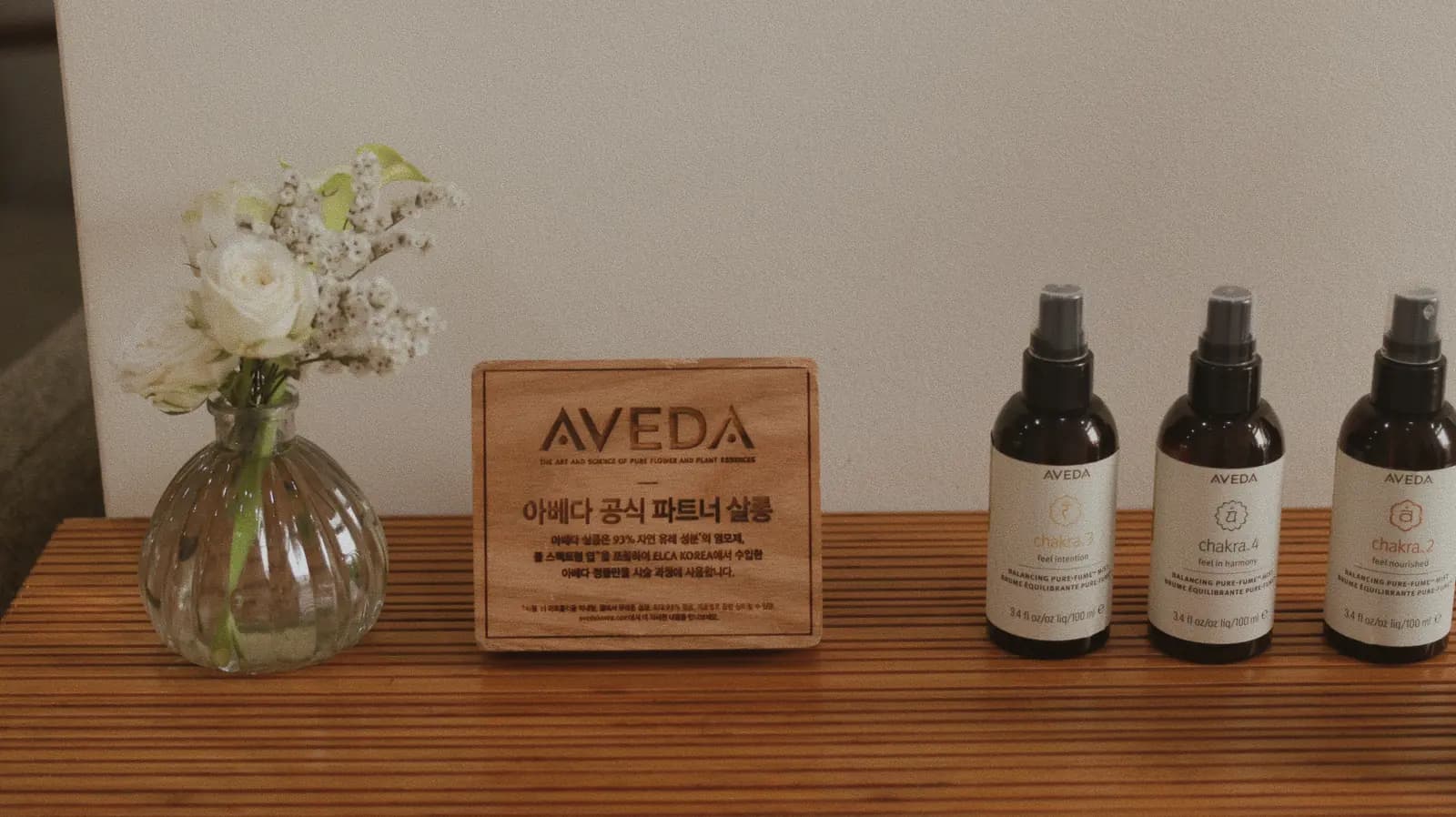 The AVEDA official partner salon plaque · RARIEN Myeongdong